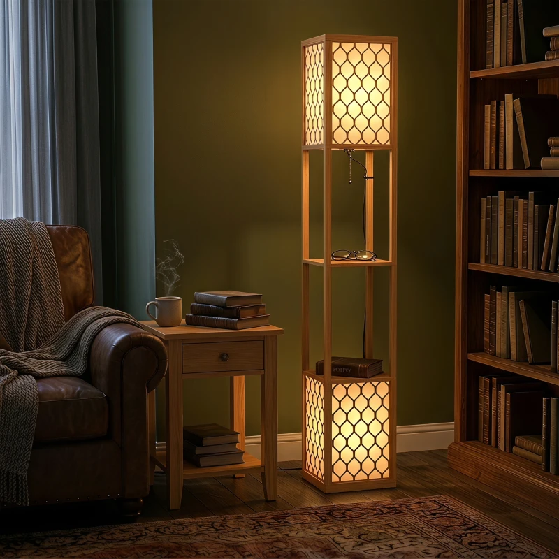 HOMCOM Duo Light Floor Shelves - Natural Wood Finish