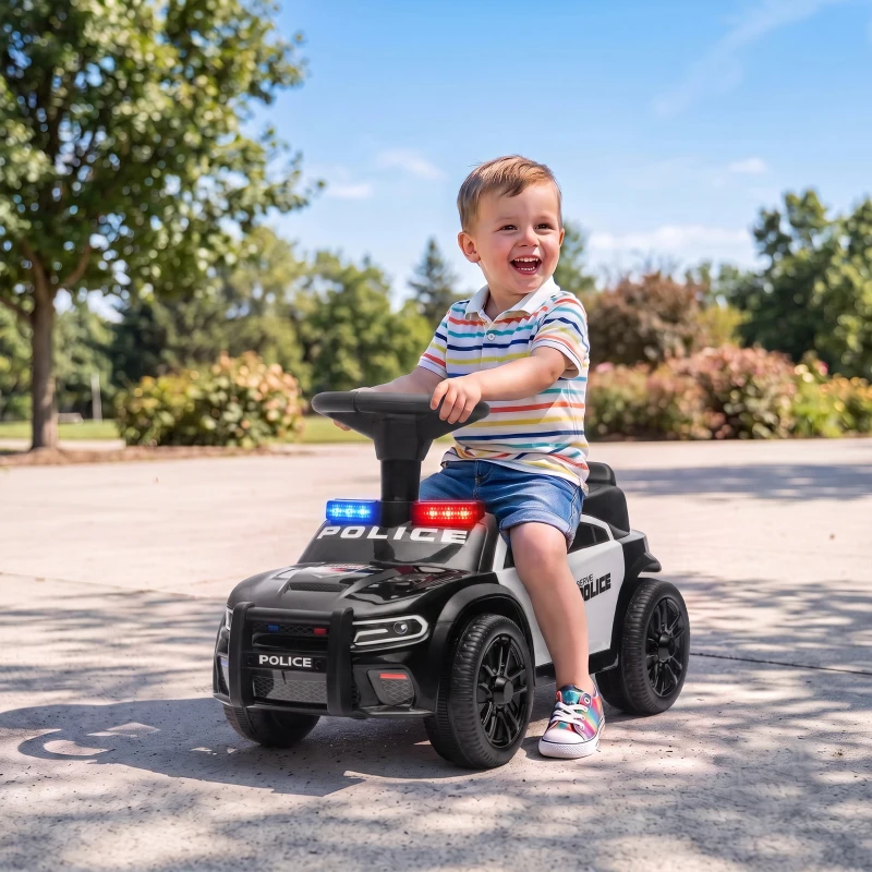 AIYAPLAY Coche Correpasillos de Policía para Niños de 18-36 Meses con Luz Música y Espacio de Almacenaje 65x29,5x36 cm Negro