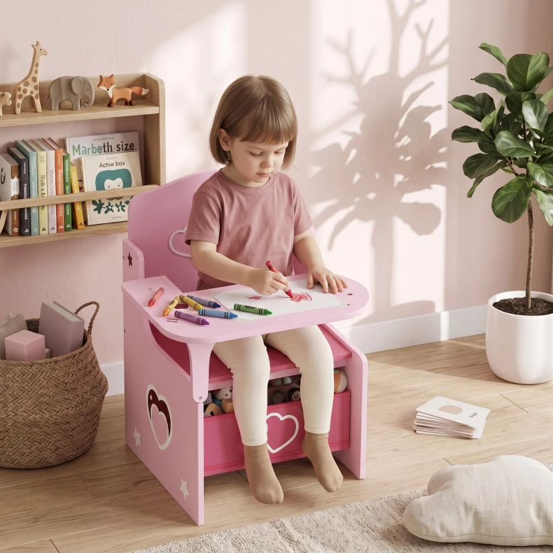 AIYAPLAY Kindertisch mit Stuhl 2-in-1 Integrierte Kindersitzgruppe mit Stauraum Platzsparend für Kinder 3-5 Jahren Rosa