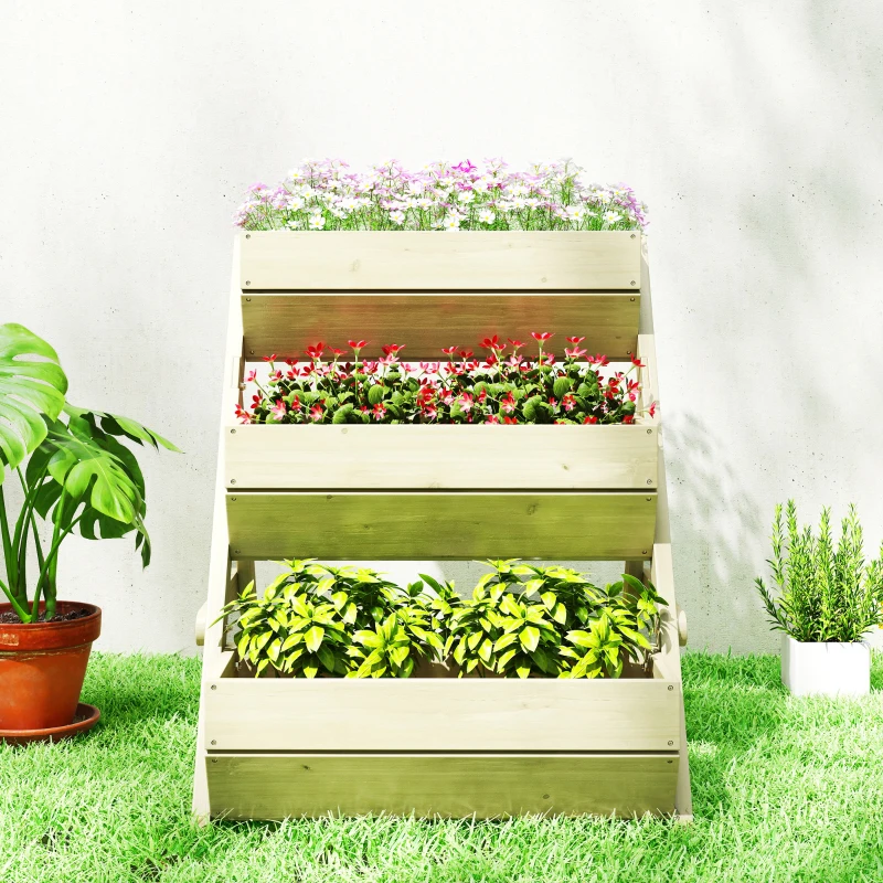 Outsunny Vertikales Hochbeet mit 3 Etagen Vertikalbeet aus Holz Blumenkasten mit 3 Pflanzkästen Ablauflöchern Grün