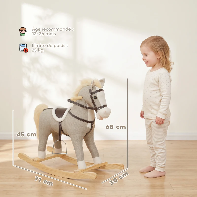AIYAPLAY Cheval à bascule pour enfants, jouet à bascule bébé en tissu effet lin avec effets sonores et poignées de sécurité, gris