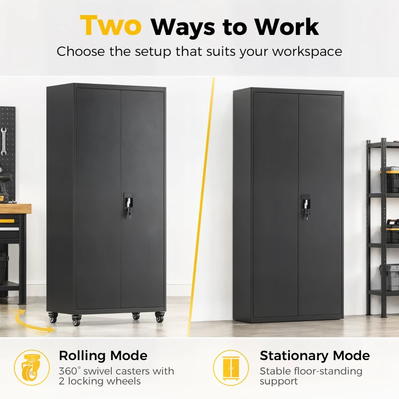 HOMCOM Metal Storage Cabinet, 180 cm Tall Lockable Steel Tool Cabinet with Removable Wheels and Adjustable Shelves, Black
