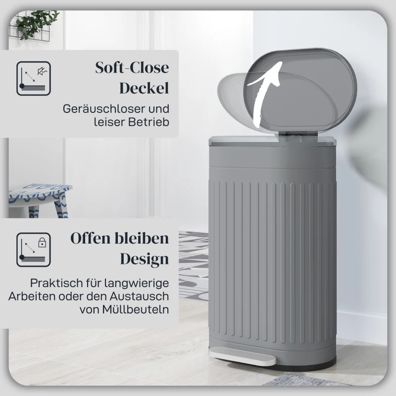 HOMCOM Prullenbak 30L Pedaalemmer met deksel voetpedaal uitneembare binnenemmer soft-close functie 36,5 x 31,2 x 60,8 cm, Grijs