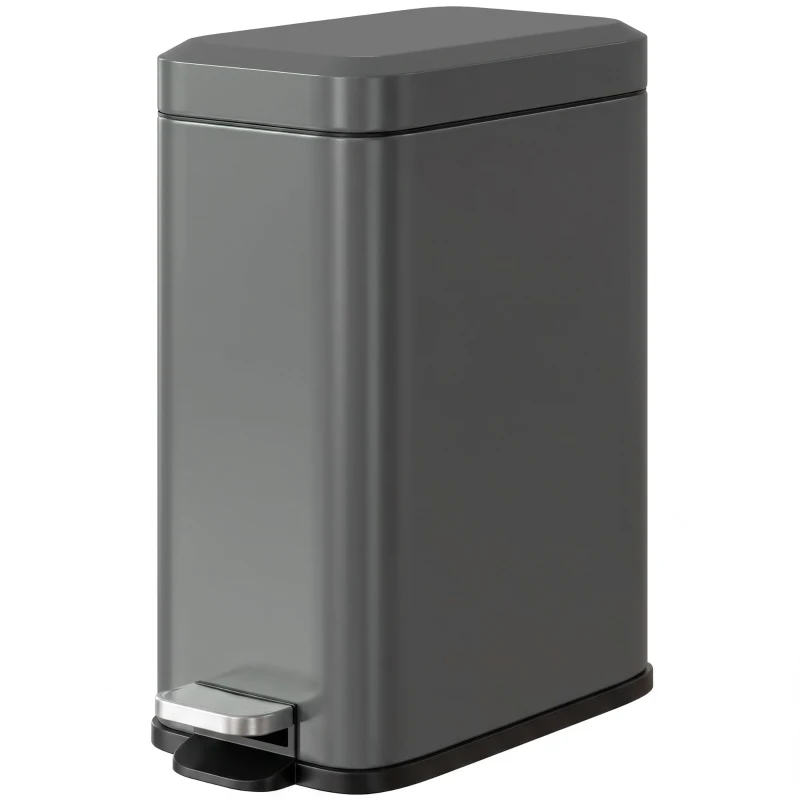 HOMCOM 5L Rectangular Compact Bin Steel Body Removable Bucket Quiet-Close Lid w/ Pedal Lid Rubbish Trash Can Home Office Bedroom Bathroom Living Room Garbage Tidy Clean Grey