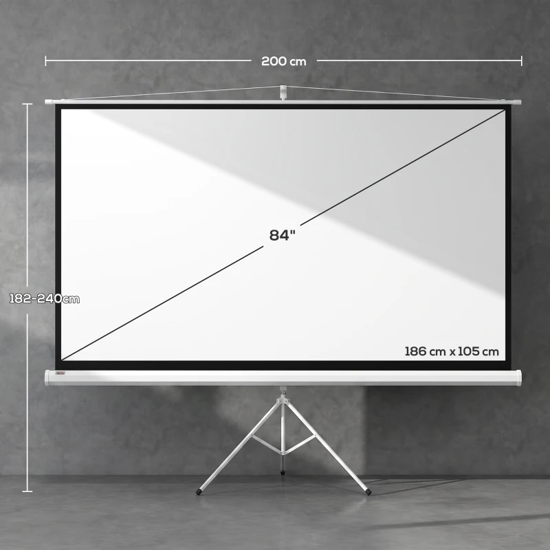 HOMCOM Ecran Proiector 84 Inch cu Trepied Reglabil, din Plastic și Metal, 200x8x118 cm, Alb