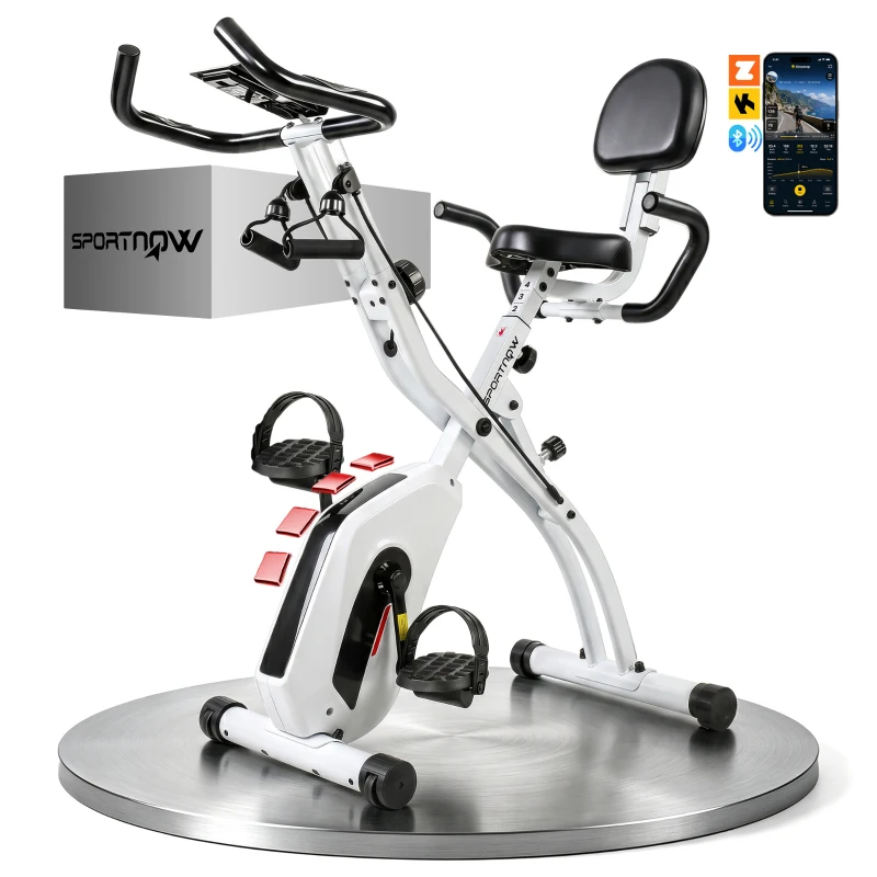 SPORTNOW Vélo d'Appartement Pliable Vélo de Fitness 3 en 1 Silencieux Connecté Kinomap Bluetooth et Zwift 105x53,5x109cm Blanc