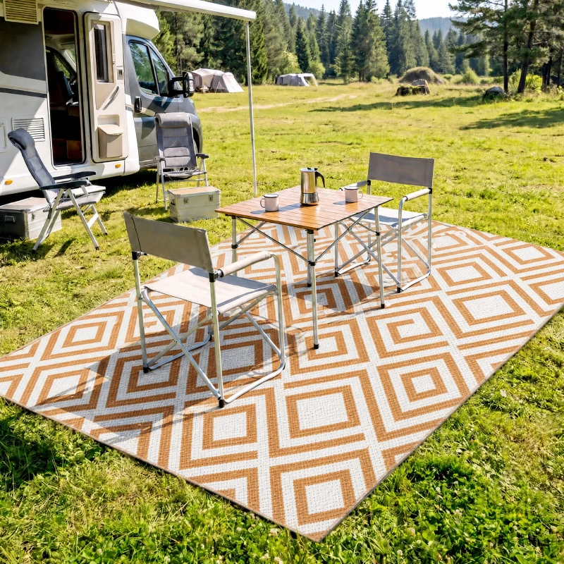 Outsunny Tapete de Exterior Reversível de Plástico Impermeável para para Varanda Pátio Campismo Praia 182x274cm Marrom e Branco