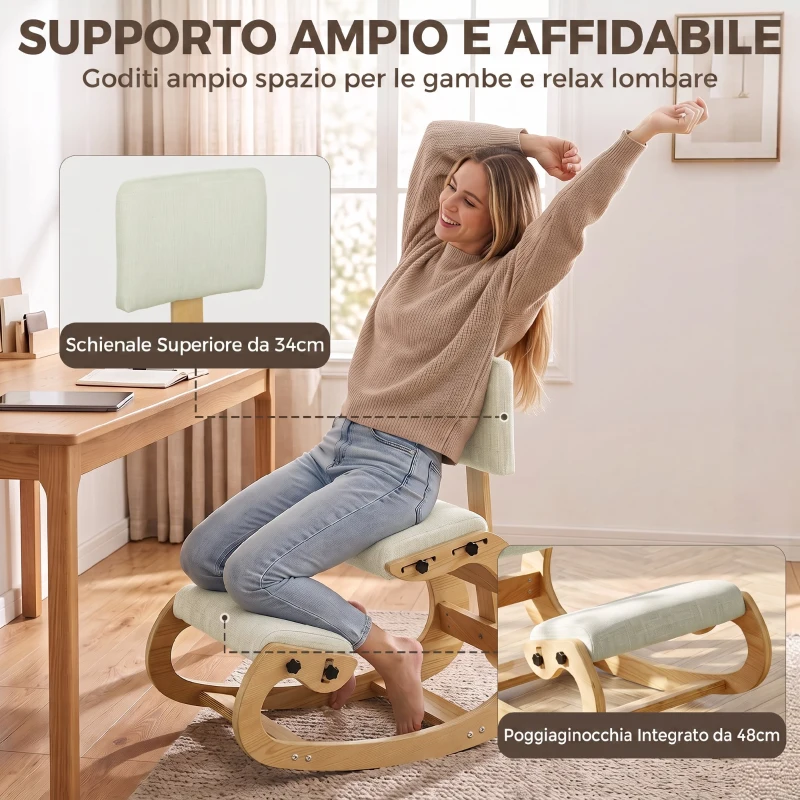 HOMCOM Sedia Ergonomica Inginocchiata in Tessuto Effetto Lino e Compensato di Betulla, Crema