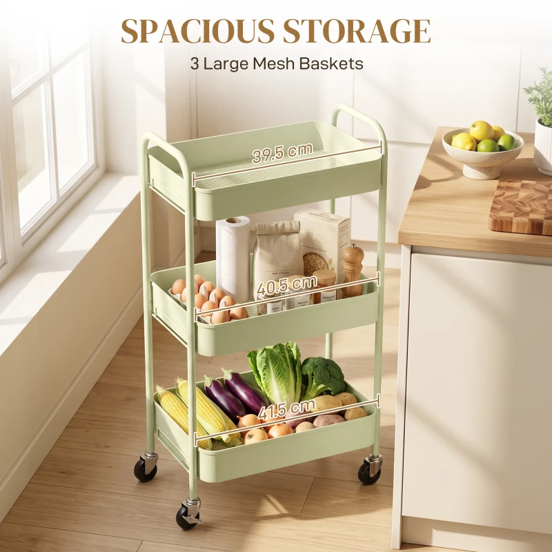 HOMCOM Three-Tier Steel Storage Trolley - Green