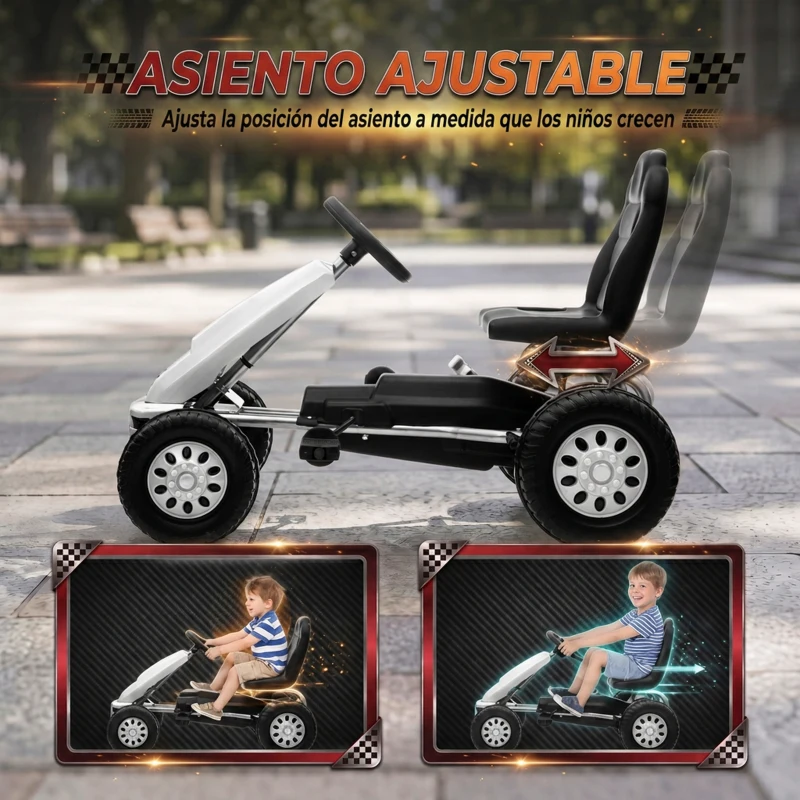 AIYAPLAY Go Kart para Niños de +3 Años con Asiento Ajustable Volante Freno Manual Marco de Aluminio y Acero Carga 30 kg Blanco