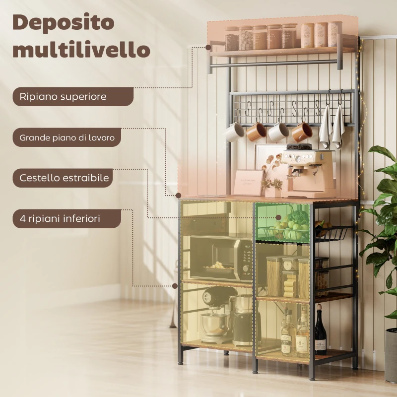 HOMCOM Scaffale Cucina con Prese e LED, Angolo Caffè, Asta Appendiabiti, Pannello in Metallo, 5 Ripiani, Cestello, 10 Ganci, Marrone Rustico