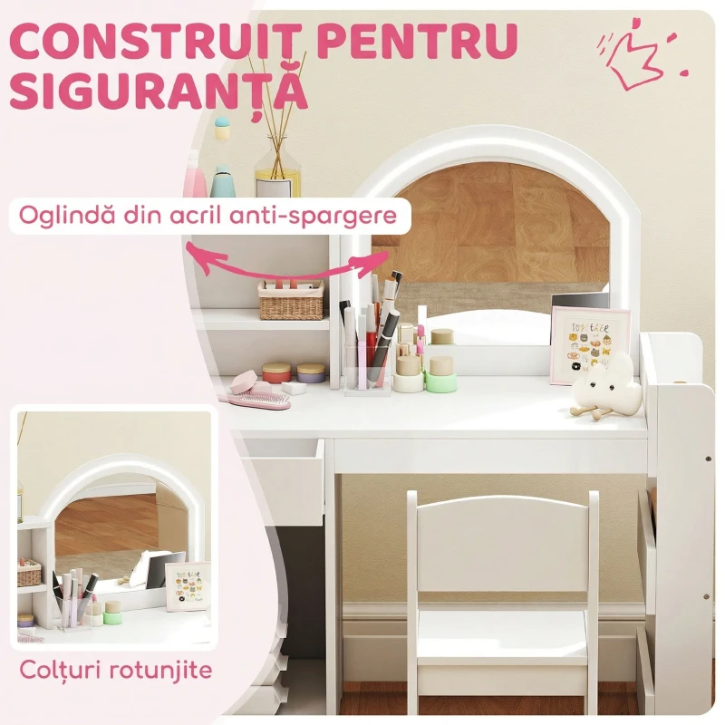 AIYAPLAY Set Măsuță de Toaletă pentru Copii, cu Oglindă și Scaun