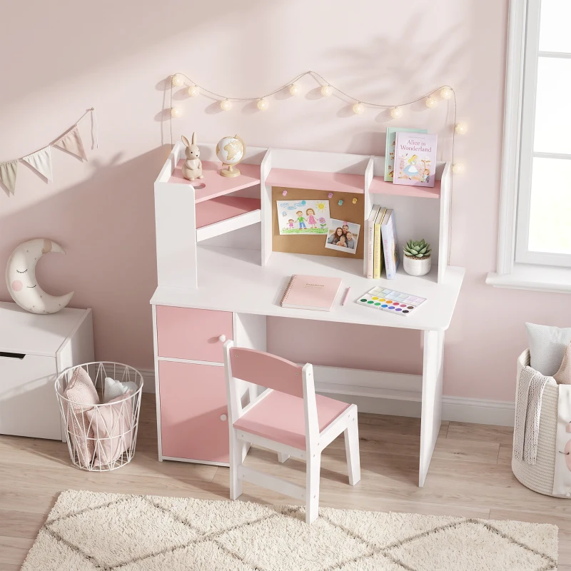 AIYAPLAY Bureau Enfant avec Chaise, Table d'Étude, Support de Tablette Réglable, Porte-Stylos, Panneau en Liège, 5-12 ans, Rose