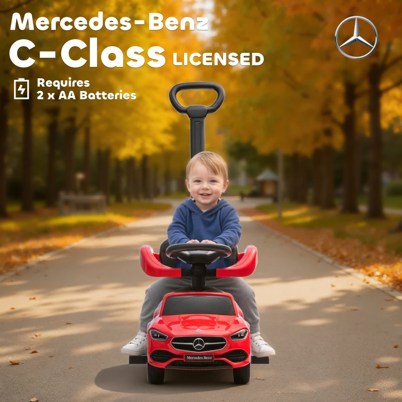 AIYAPLAY 2 in 1 Baby Ride on Push Car Mercedes-Benz C-Class Licensed Walker Foot to Floor Push-Along with Removable Handle, Red