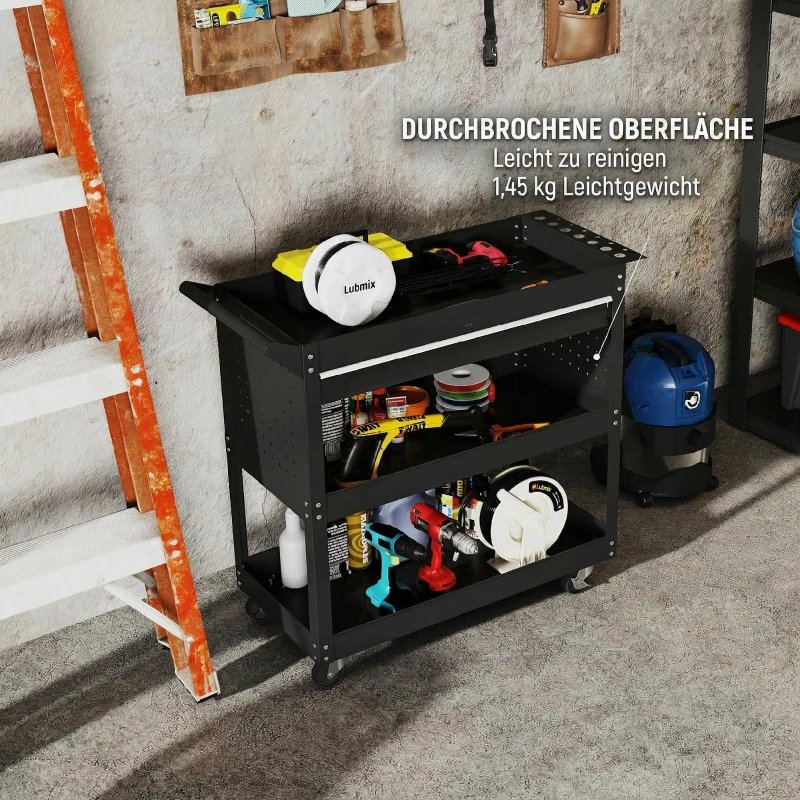 DURHAND Carrello 3 Livelli in Acciaio con Cassetto, Porta Utensili Laterale e Maniglia, Nero