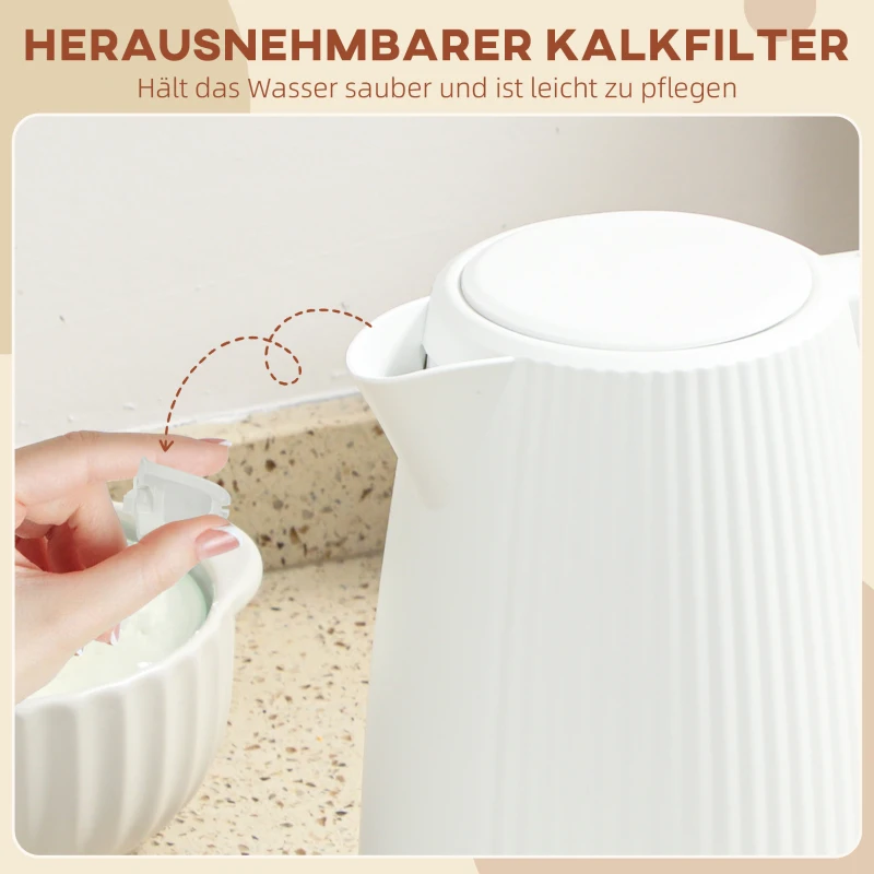 HOMCOM Elektrische waterkoker, 1,7L snelkookfunctie, 2200W, met verwijderbaar kalkfilter, automatische uitschakeling, Cremewit