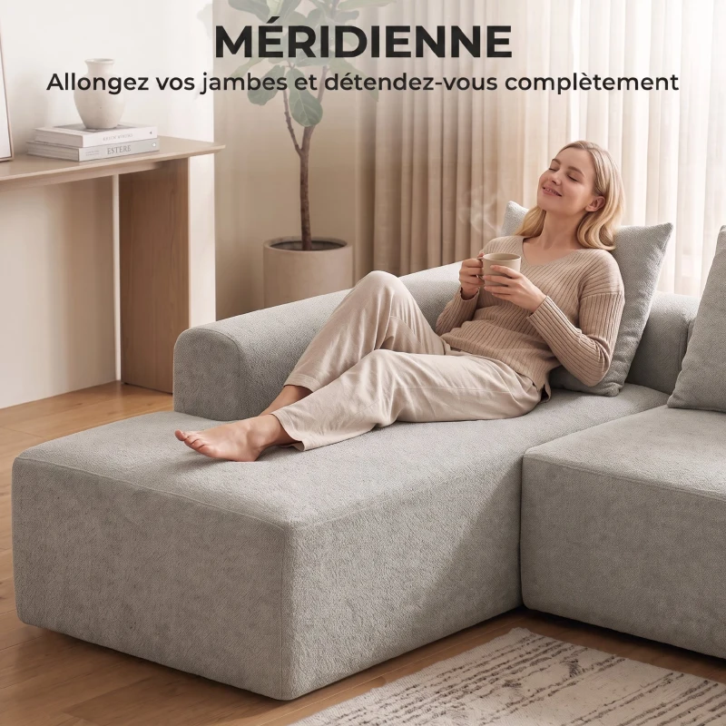 HOMCOM Canapé d'Angle en Chenille, Canapé 3 Places en L 242 cm avec Méridienne, Assise Profonde, Accoudoirs Larges, Gris Clair