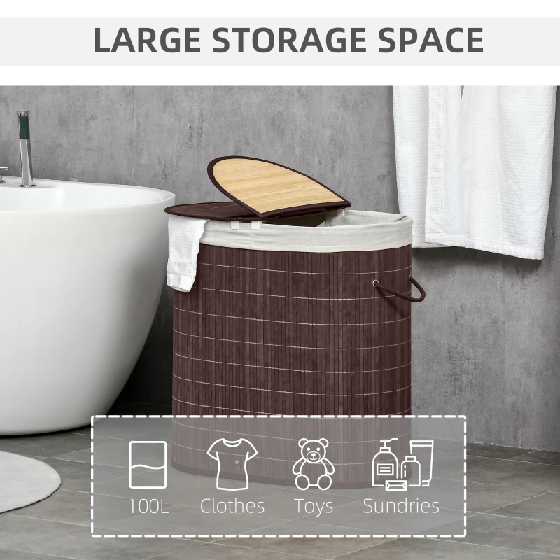 HOMCOM 100L Bamboo Laundry Basket with Lid, Washing Basket with 2 Compartments, Handles, Removable Liner, Brown
