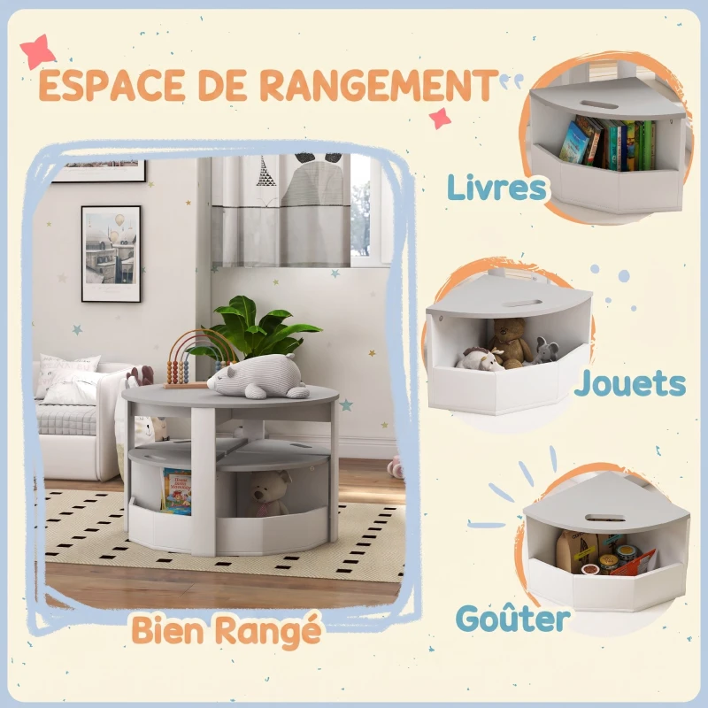 AIYAPLAY Table Enfant avec 4 Chaises 5 Pièces avec Rangement, Cadeau pour Fille Garçon 3-8 Ans, Ø 78 x 49 cm, Gris