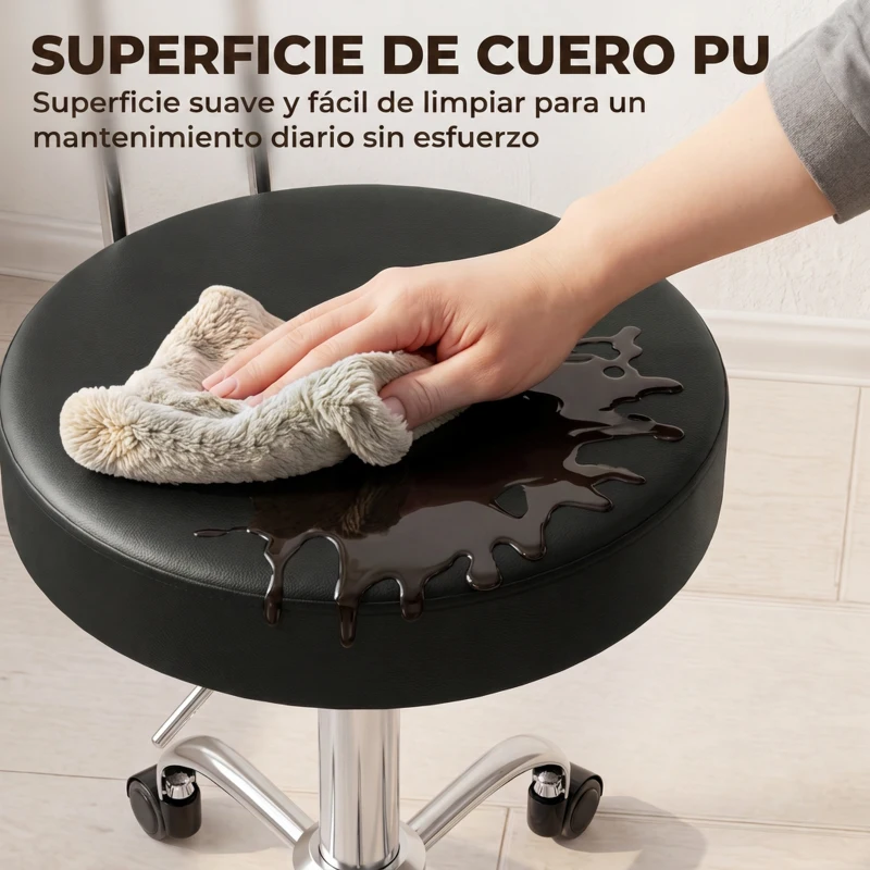 HOMCOM Taburete con Ruedas Giratorio Altura Regulable de Cuero Sintético con Respaldo para Spa Oficina Tatuajes Negro