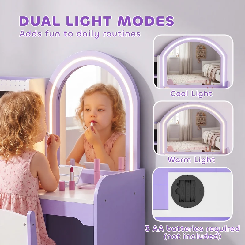 AIYAPLAY Kids Vanity Set, Girls Dressing Table with Stool, 2-Colour Lights Mirror, Pretend Dresser Gift for Ages 3-8, Purple