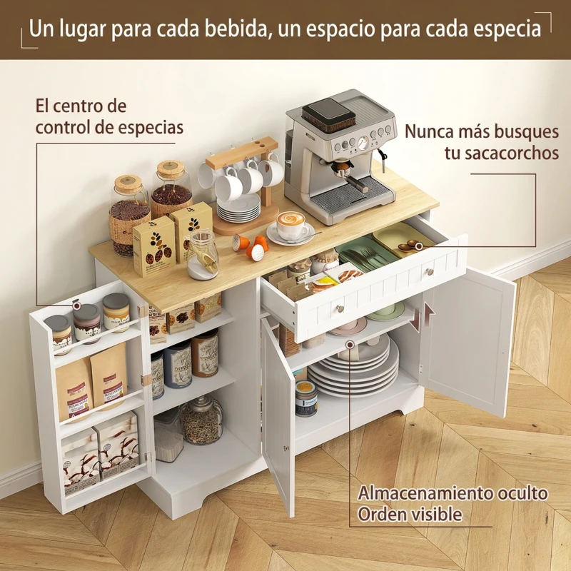 HOMCOM Aparador de Cocina Armario de Cocina 3 Estantes de Puerta Cajón Estantes Ajustables para Comedor 105x40x83 cm Blanco