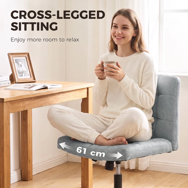HOMCOM Armless Office Chair, Cross Legged Linen Computer Desk Vanity Chair with Wide Seat, Rocking Function, Grey