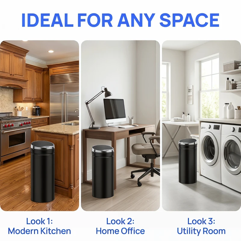 HOMCOM 50L Round Sensor Bin with Quiet Soft-Close Lid, Hands-Free Motion Sensor Touchless Kitchen Bin with Fingerprint Resistant for Hygienic Kitchen, Home Office Use, Black