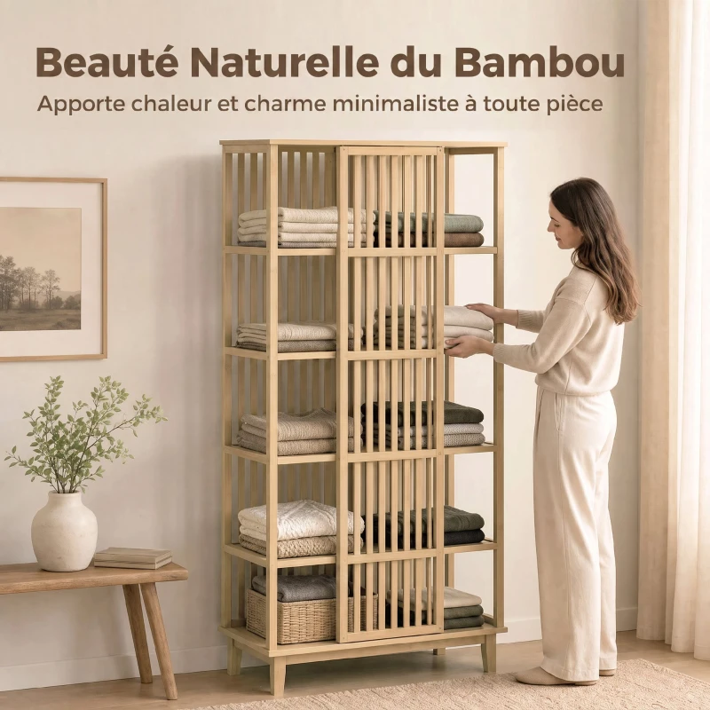 HOMCOM Armoire Chambre Penderie en Bambou 5 Niveaux avec Porte Coulissante, Design Aéré à Lattes, Bois Naturel