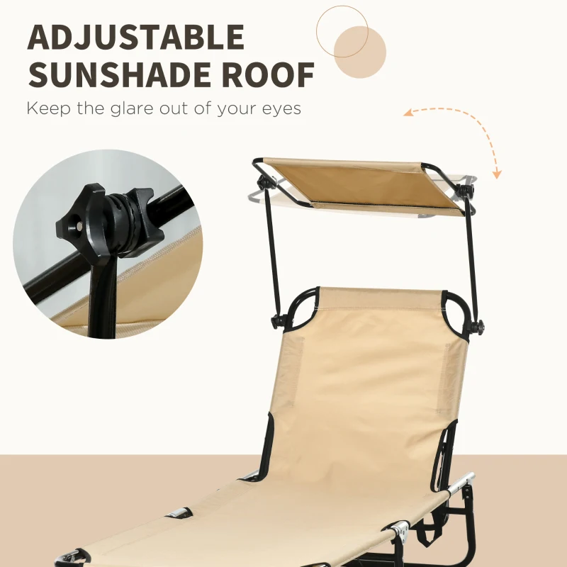 Outsunny 2 Piece Folding Sun Loungers with Canopy, Adjustable Recliner Garden Chairs with Side Pocket, Steel Frame and Breathable Mesh for Outdoor, Pool, Beach, Garden, Tan Brown