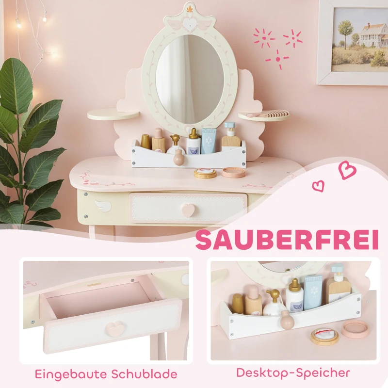 AIYAPLAY Kaptafel voor kinderen, kruk, lade, afneembare spiegel, kinderbureau met 7 accessoires, 2-in-1 ontwerp, MDF, roze
