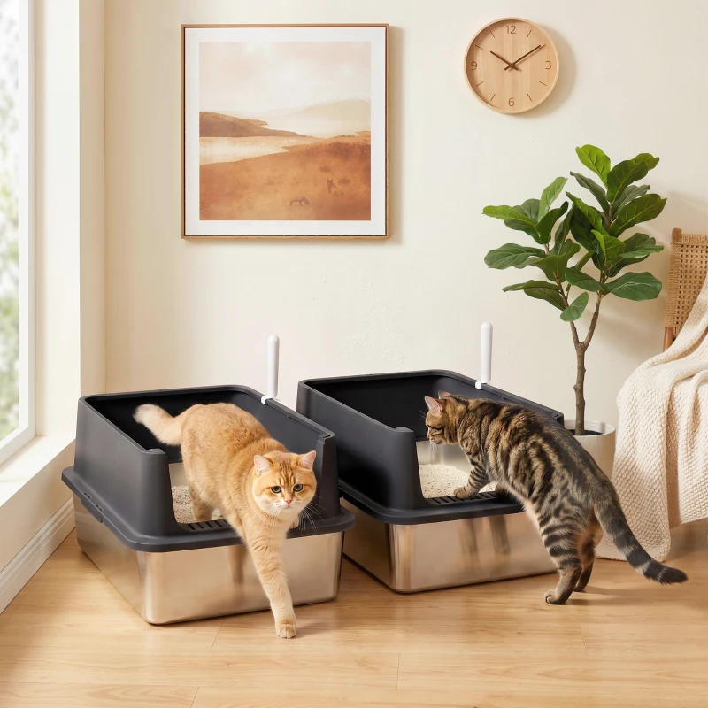 PawHut 2er-Set Katzenklo Edelstahl XL mit Hohem Rand Deckel 60x40x30cm Halboffene mit 2 Schaufeln, für Große Katzen bis 8 kg