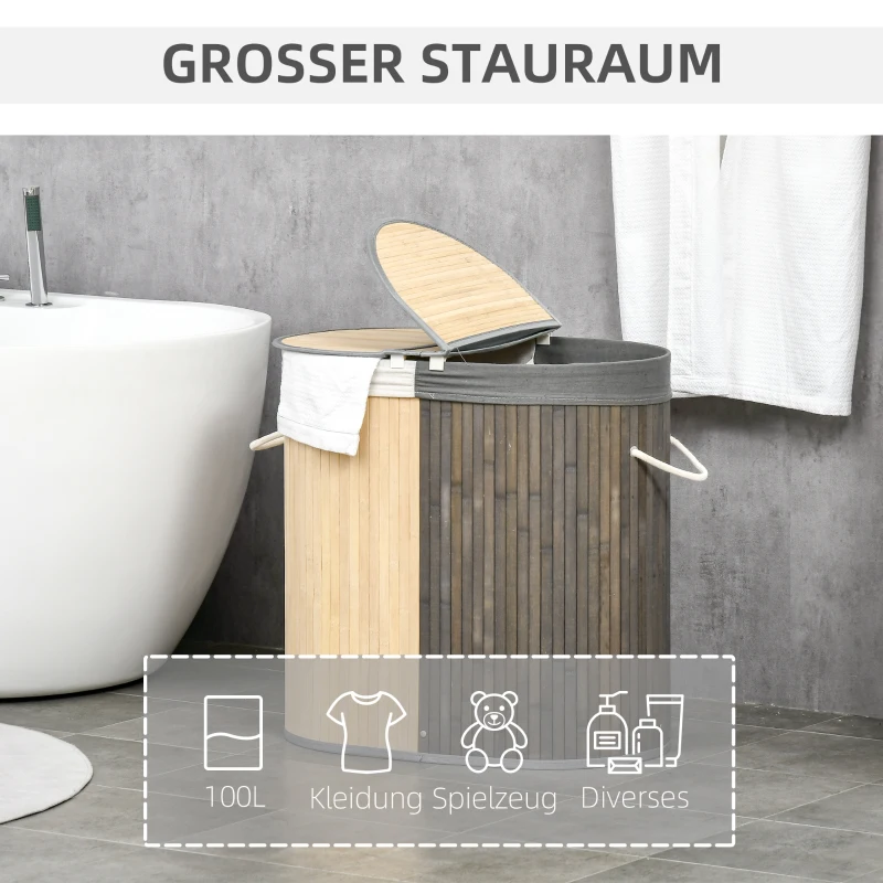 HOMCOM 100 L wasmand met deksel, handgreep, 2 vakken, uitneembare waszak, voor slaapkamer, bamboe Grijs+Natuur