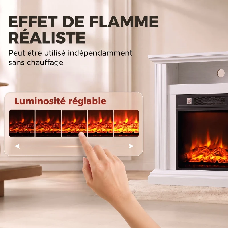 HOMCOM Cheminée Électrique 1800 W, Effet Flamme à 3 Niveaux de Luminosité, Fausse Cheminée avec Manteau, Effet Bois Blanc