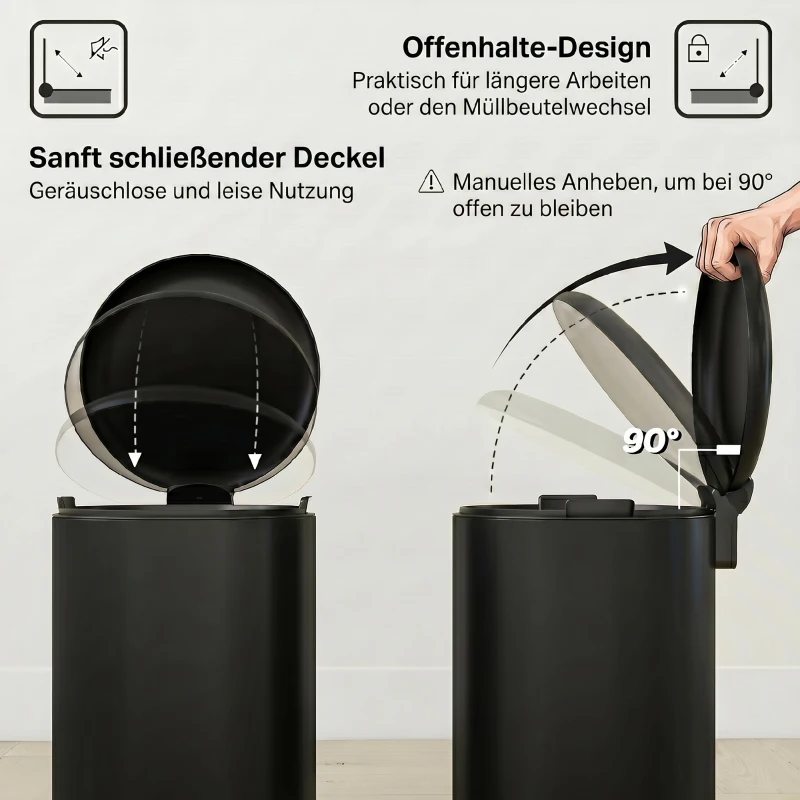 HOMCOM 20-liter keukenafvalbak, vingerafdrukbestendige metalen afvalbak met soft-close deksel, voetpedaal en uitneembare binnenemmer, zwart