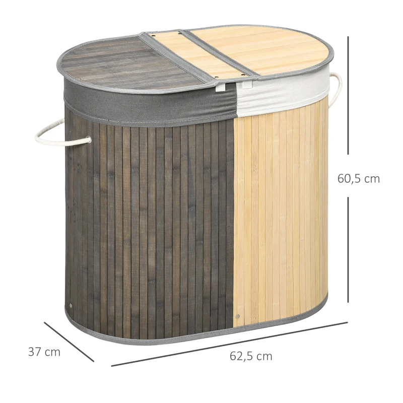 HOMCOM Cesto de Roupa de Bambu Capacidade de 100L com Tampa Rebatível e 2 Compartimentos 62,5x37x60,5cm Cinza e Madeira