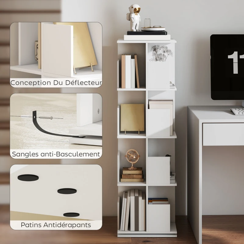 HOMCOM Bibliothèque rotative à 4 niveaux, étagère rangement avec 16 compartiments, 39 x 39 x 128,3 cm, blanc