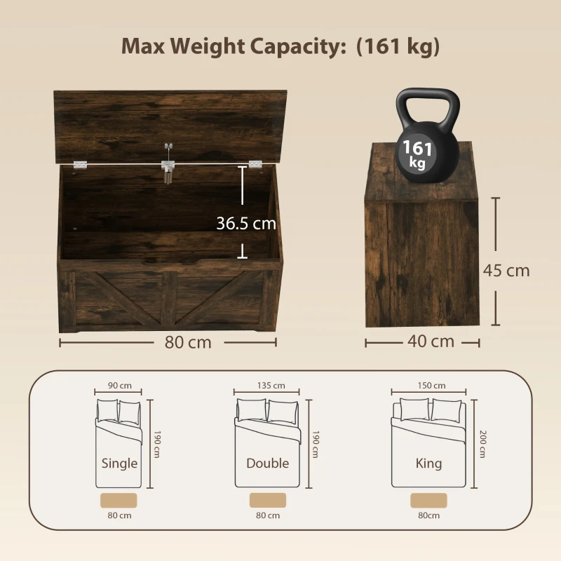 HOMCOM 100L Home Storage Box, with Safety Hinge - Rustic Brown Wood-Effect