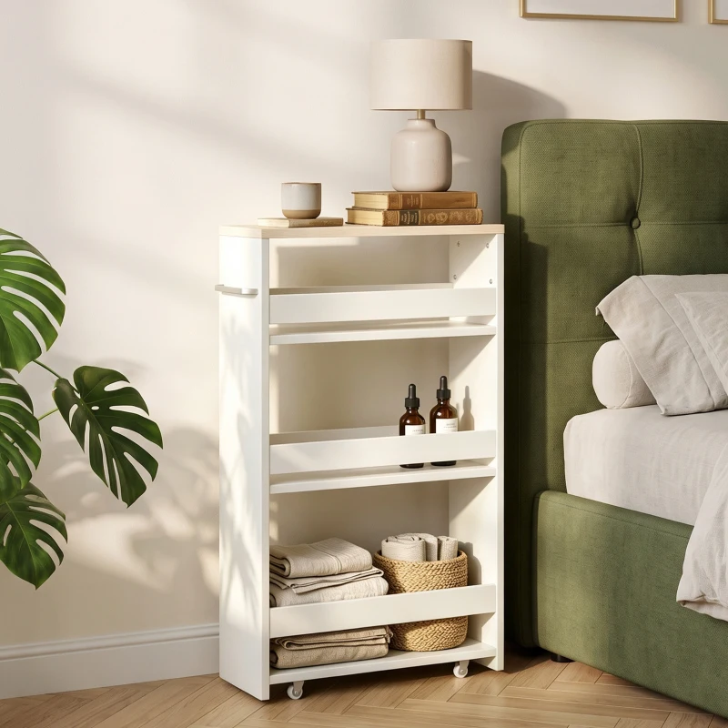 kleankin Storage Cart, 4-Tier Compact Storage Trolley on Wheels and Handle, 48W x 15D x 80H cm, White