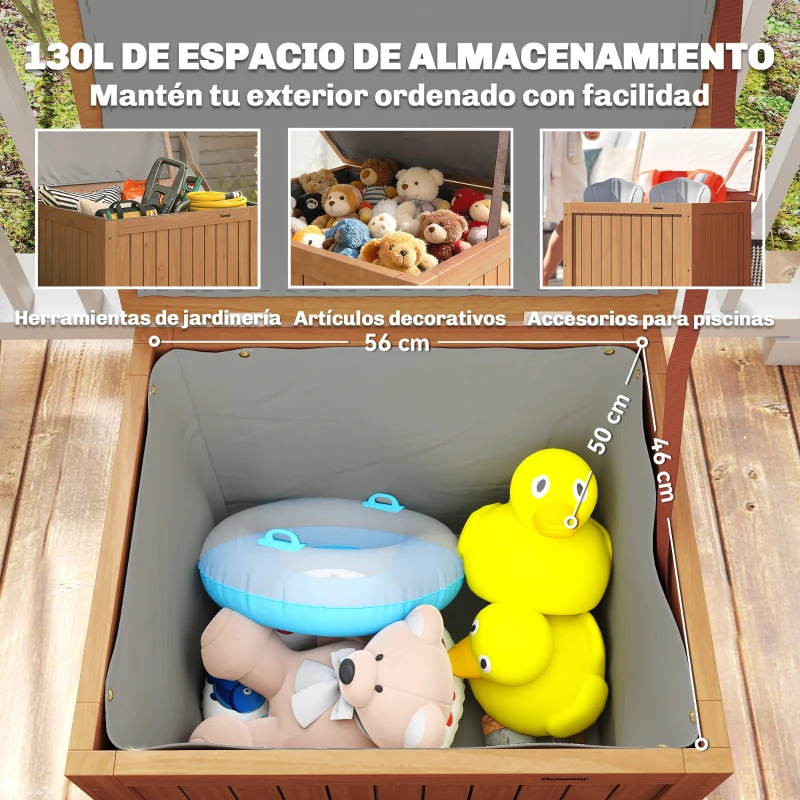 Outsunny Arcón Exterior de Madera 130L Baúl Almacenaje Exterior con Forro Tapa con Bisagras y Correa 63x51x58,5 cm Marrón