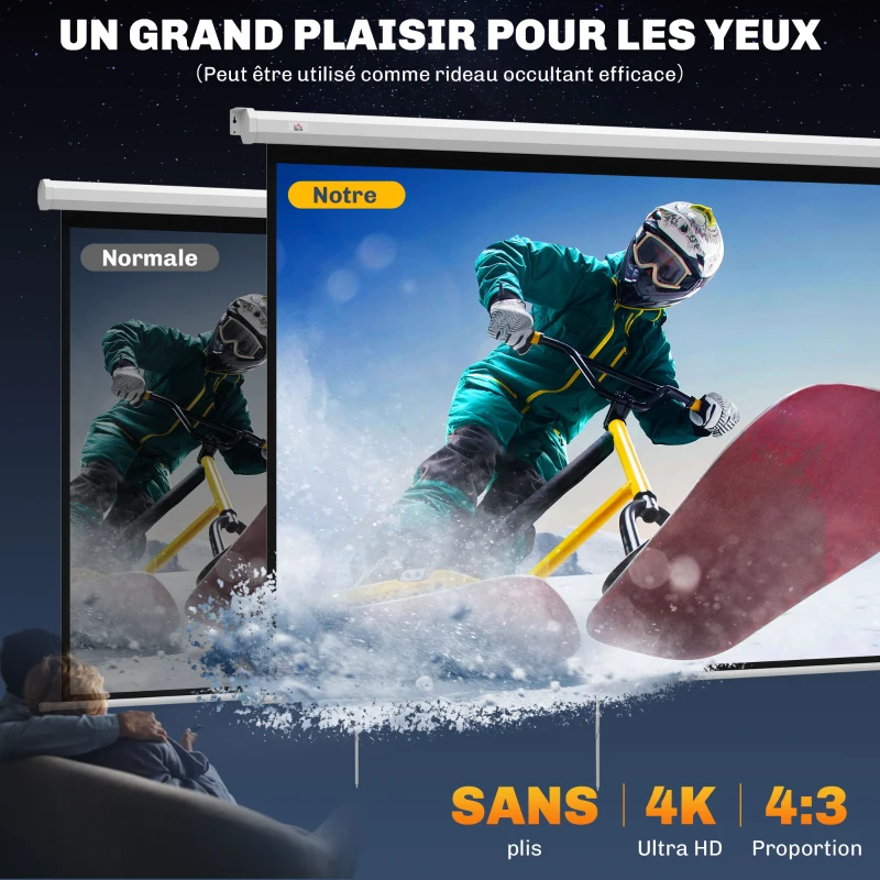 HOMCOM Écran de projection de 84 pouces, écran vidéoprojecteur, 4:3 4K HD, fixation mur ou plafond, 181l x 8P x 138H cm, blanc
