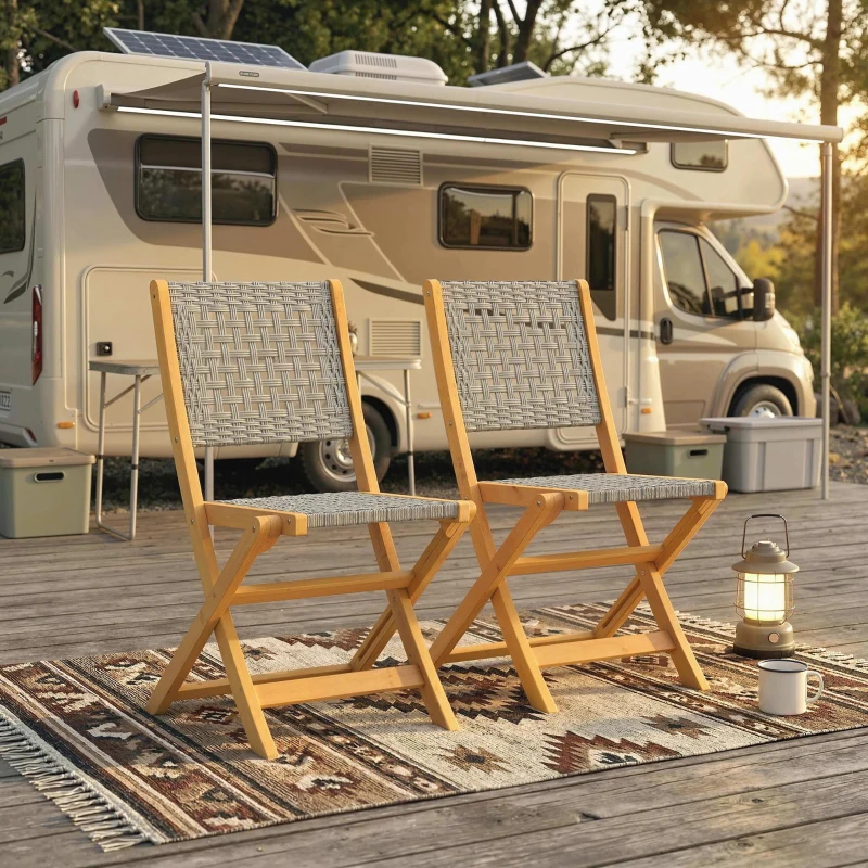 Outsunny Gartenstühle 2 Stück Klappstuhl mit Atmungsaktiv Sitz angenehme Sitzhöhe aus Massivholz & Polyrattan