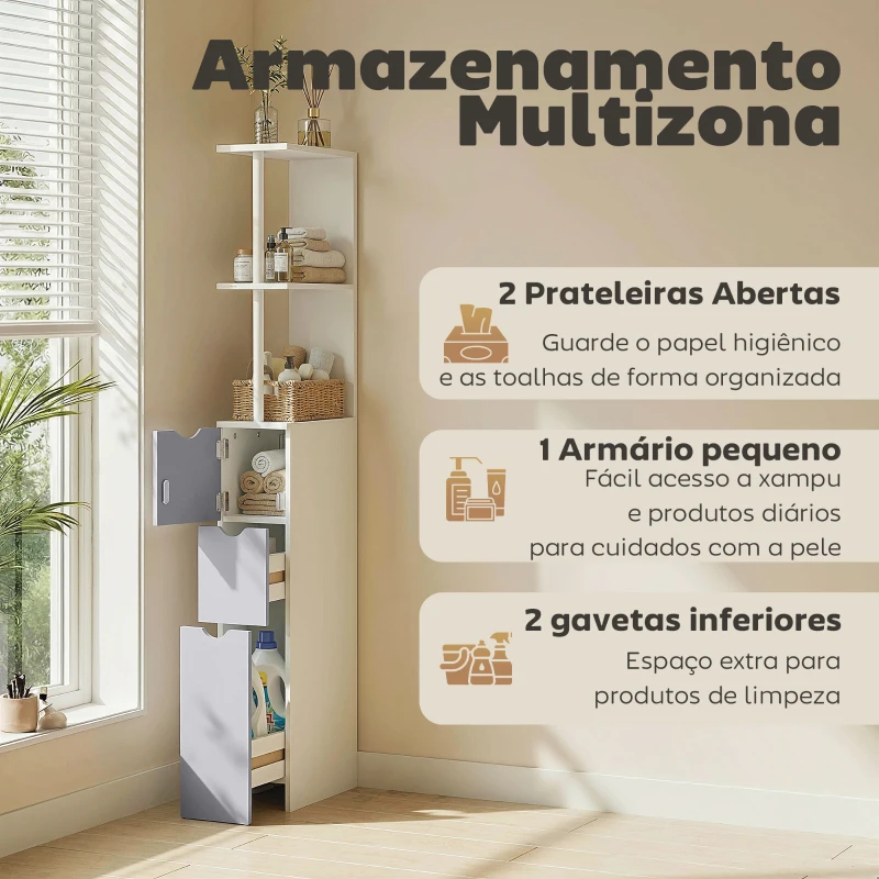 HOMCOM Armário Alto para Casa de Banho com 2 Prateleiras 1 Porta e 2 Gavetas 15x33x136 cm Branco