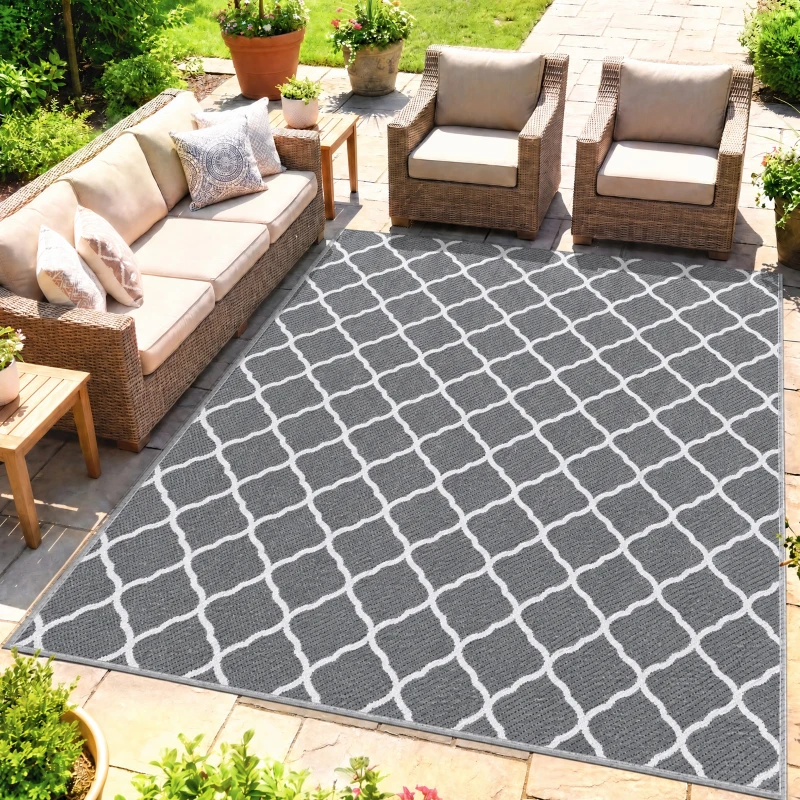Outsunny Tapete de Exterior Moderno Reversível e Impermeável para Varanda Campismo Praia 182x274cm Cinza e Branco