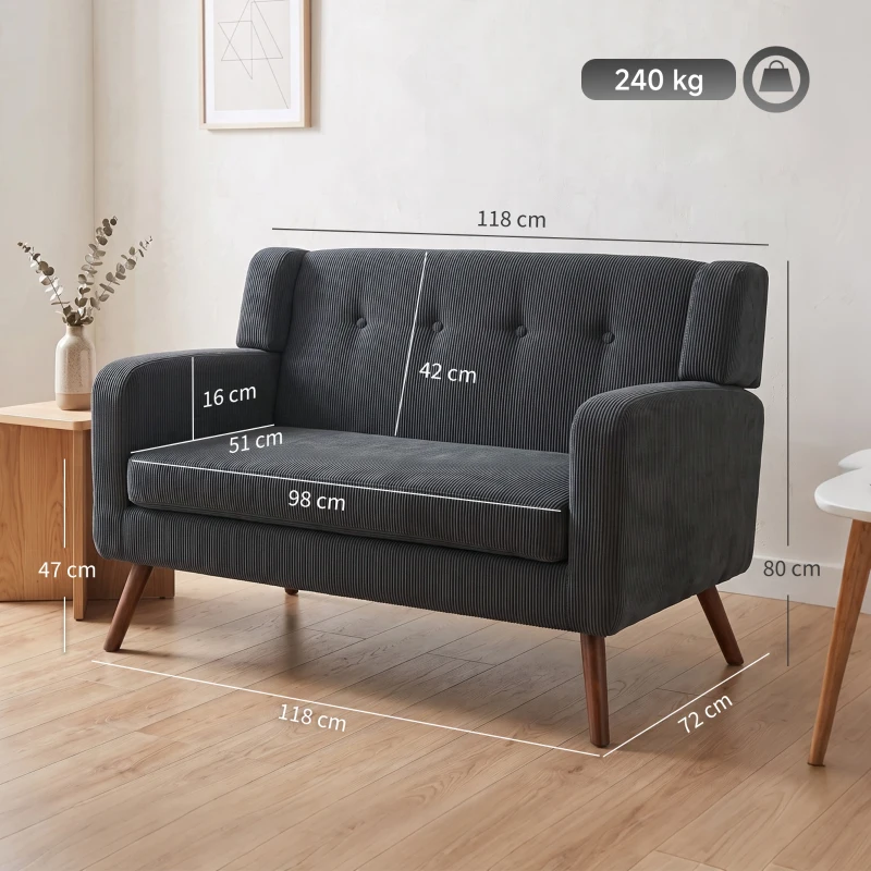 HOMCOM 2 Seater Sofa, 118 cm Corduroy Small Loveseat with Spring Cushion, Wood Legs for Small Space, Living Room, Dark Grey