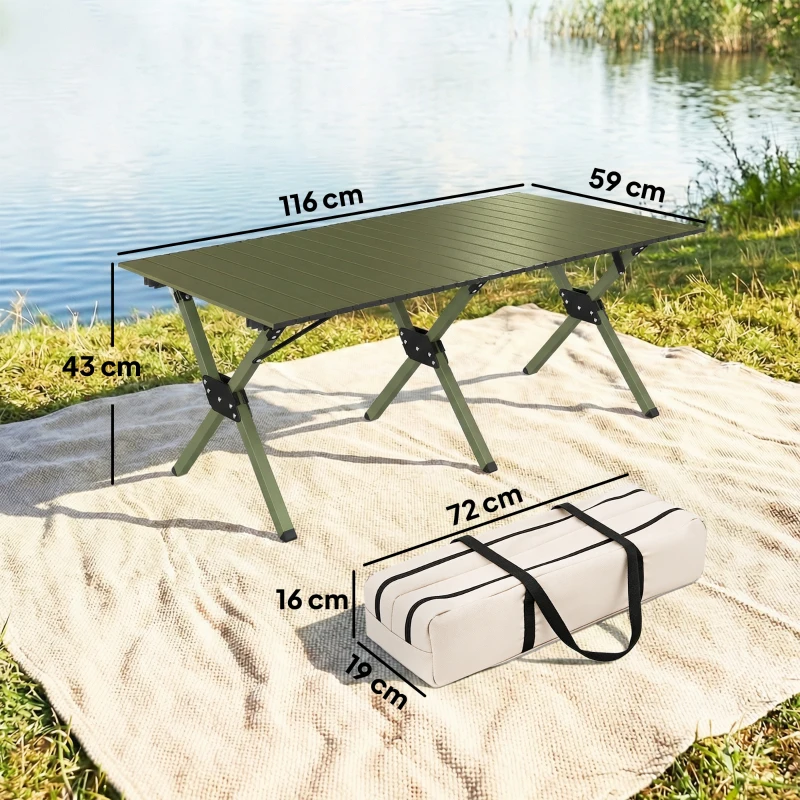 Outsunny 4ft Folding Camping Table, Waterproof Picnic Table with Roll Up Top, Carrying Bag and Metal Frame, Green