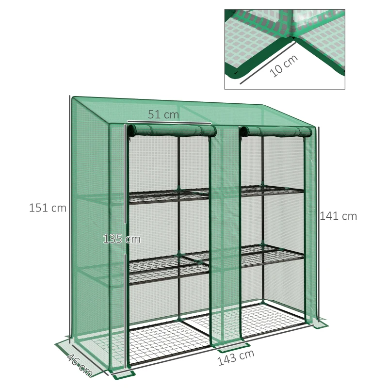 Outsunny Mini-Gewächshaus, 3 Etagen, 6 Drahtregale, 2 Öffnungen, Kunststoff-Plane, Grün