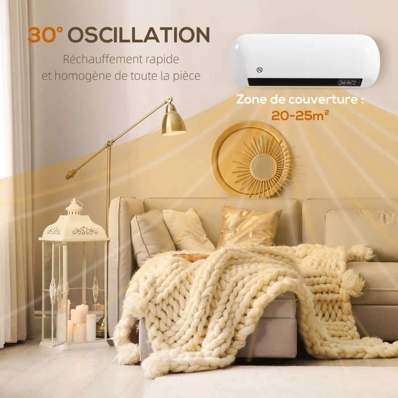 HOMCOM Chauffage mural en céramique 1000/2000W, radiateur électrique, ventilateur, thermostat, minuterie, 50x19x14cm, blanc