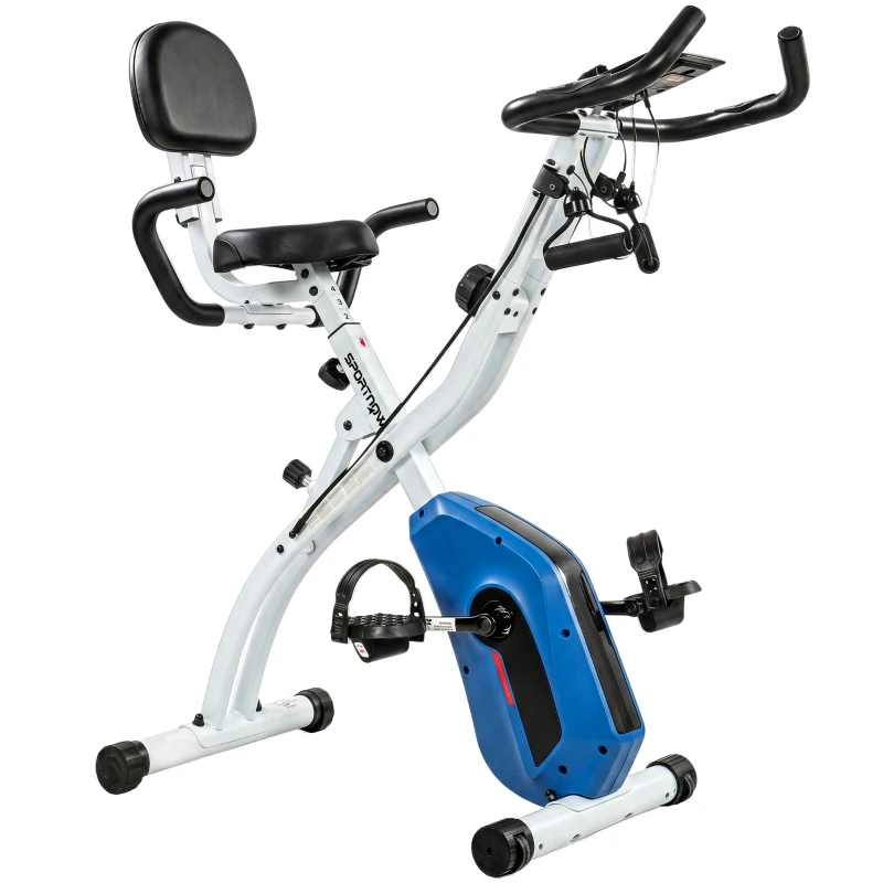 SPORTNOW 4-In-1 Folding Exercise Bike with Resistance Bands, Bluetooth App, 8-Level Magnetic Resistance, LCD Display, Blue