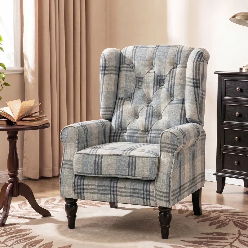 HOMCOM Faux Linen Armchair with Thick Spring Cushion, Wingback Accent Chair with High Back, Solid Wood Legs, Mixed Plaid